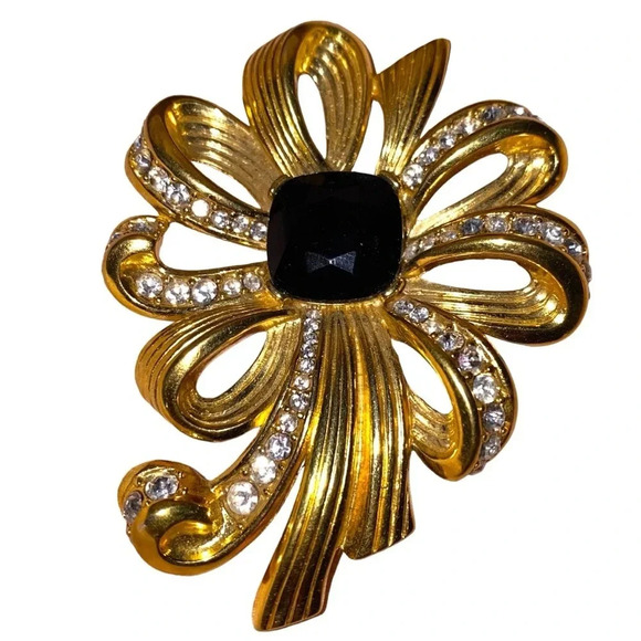 Vintage Large Bow Ribbon Rhinestone Gold Silver Tone Brooch - Picture 1 of 4